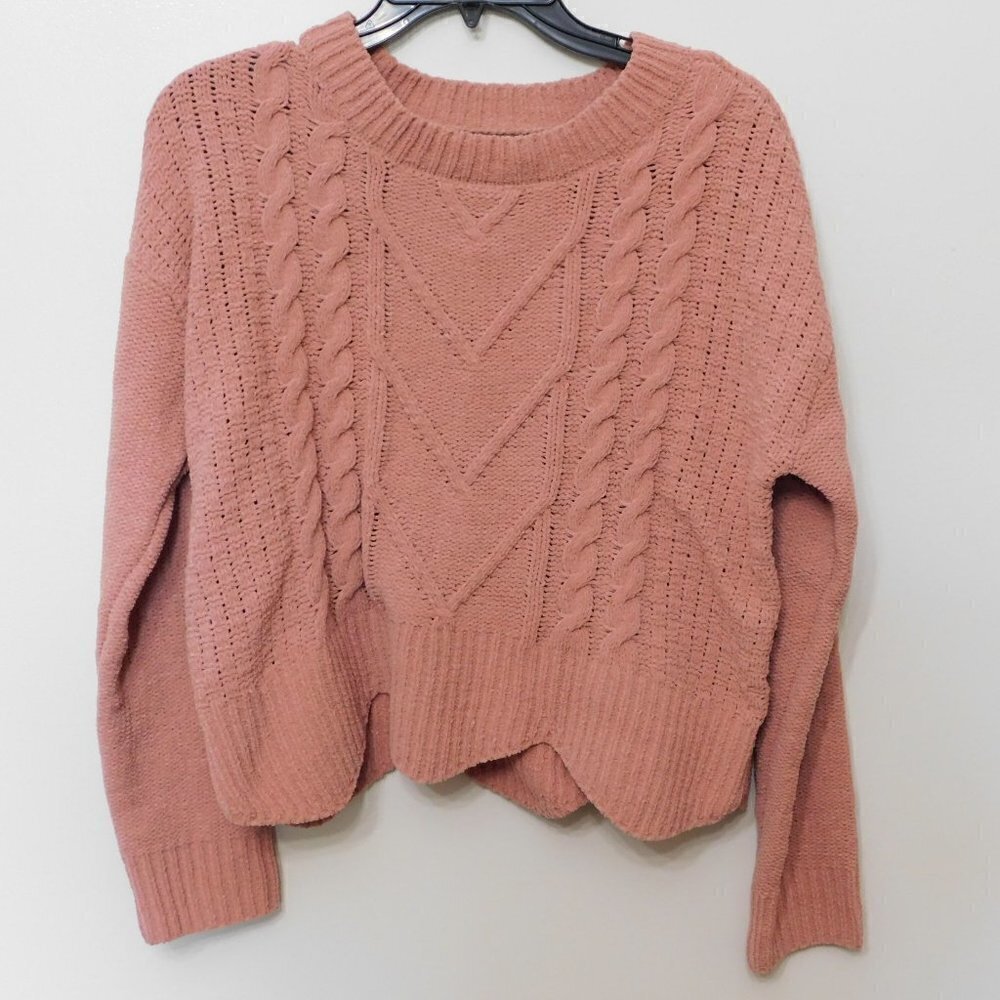 𝅺JR359 Almost Famous Dusty Rose Juniors' Cable Knit Crew Neck Sweater Size M